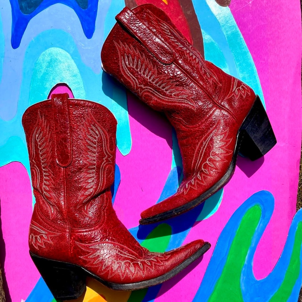 Old Gringo red leather boots stitch eagle flames pointed toe stacked heel